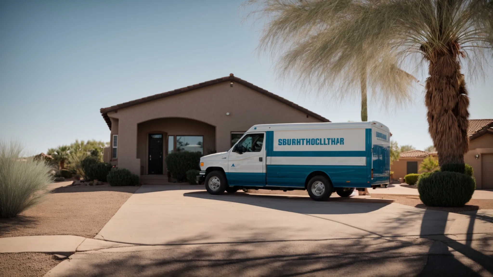 a moving truck parked in front of a suburban home in scottsdale, az, under the clear blue sky, ready for a long-distance move.