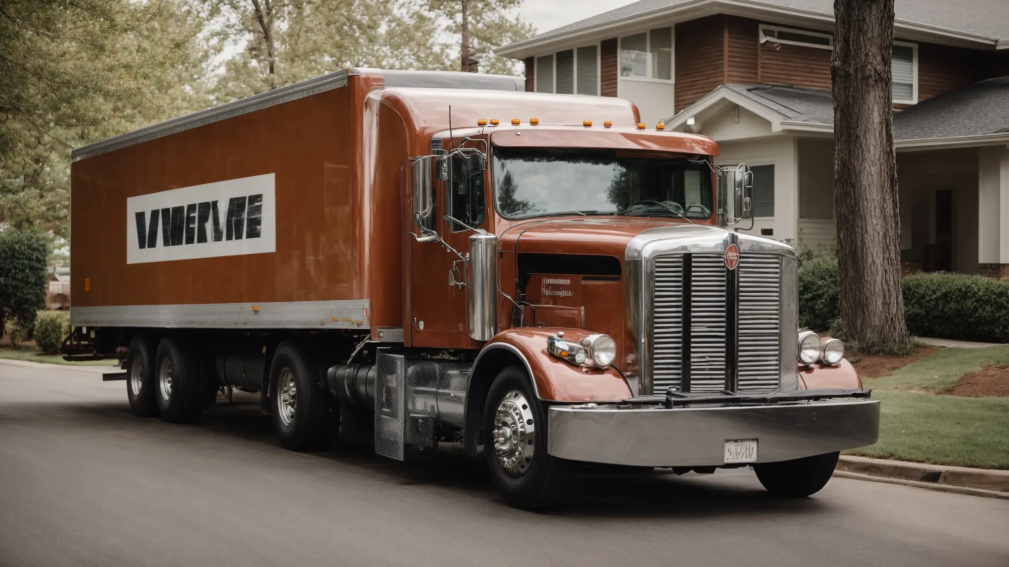 a large moving truck is parked outside a suburban home, ready for long-distance relocation.