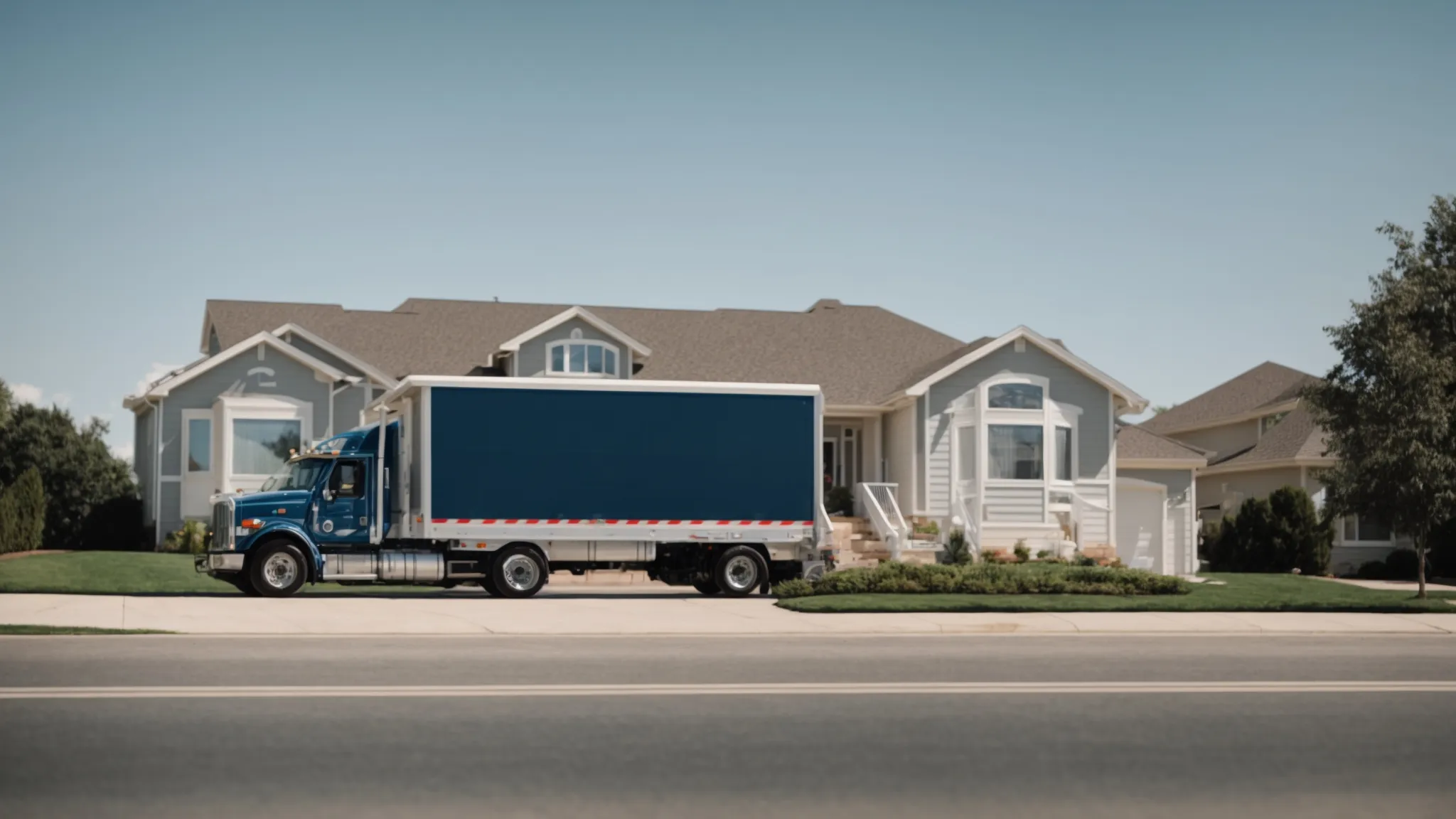 a large moving truck parked in front of a suburban home under a clear blue sky.