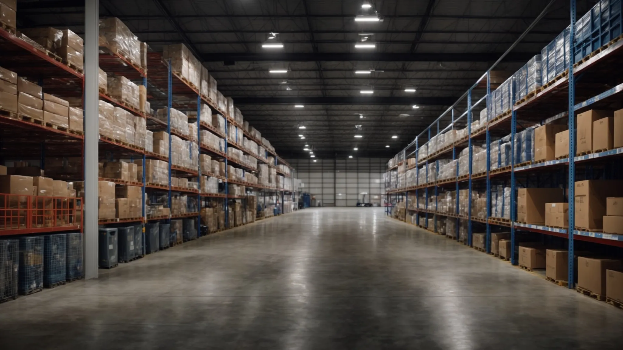 a wide, clean warehouse filled with labeled storage units under bright lights.