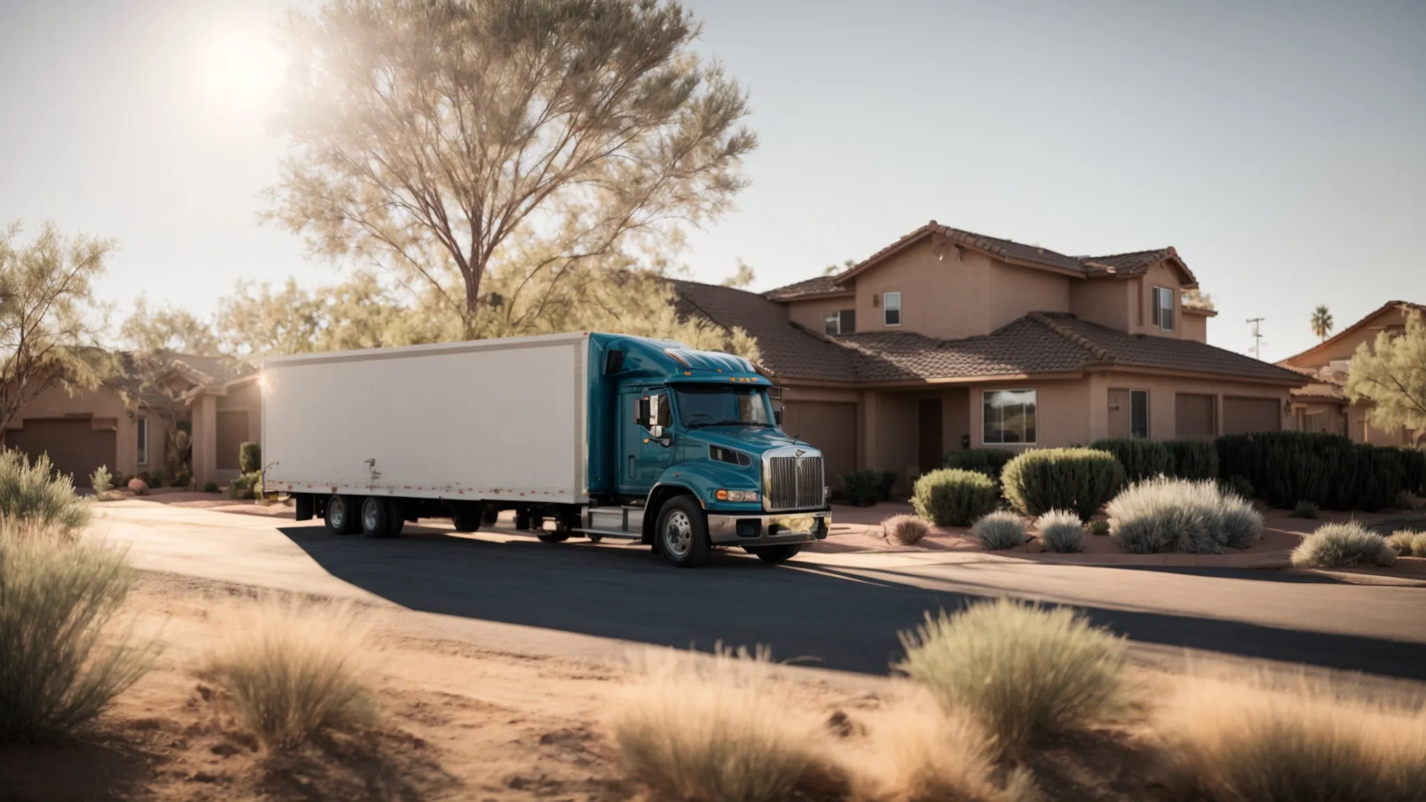 a large moving truck parked in front of a suburban home under the bright arizona sun.