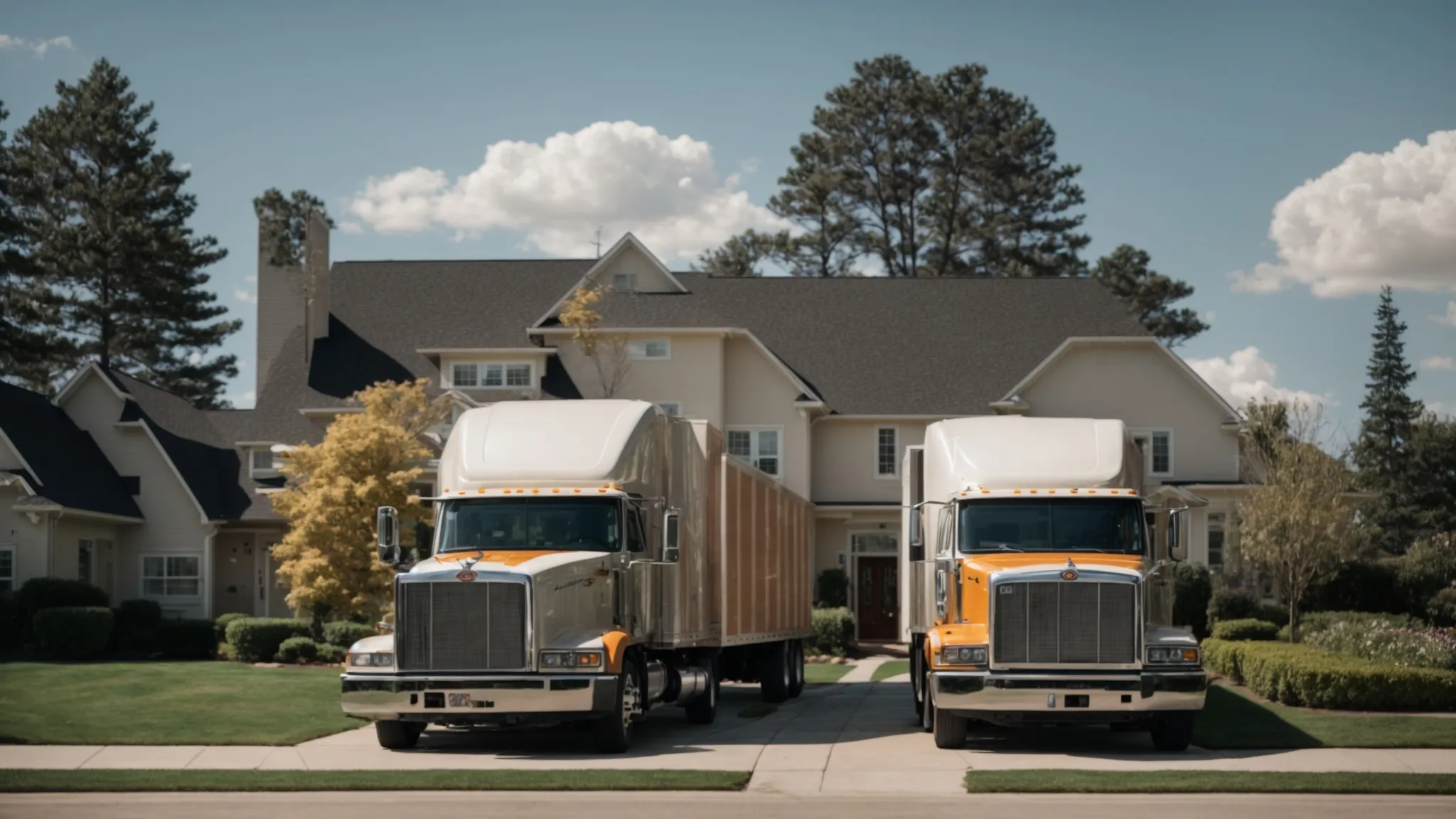 a large moving truck parked in front of a suburban house on a sunny day, with open doors revealing packed boxes inside.