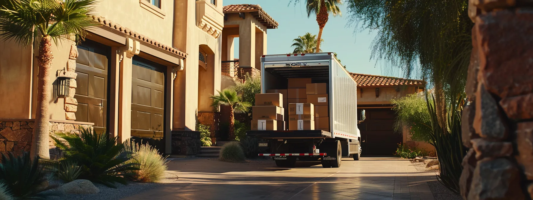 a moving truck being loaded with boxes outside a house in scottsdale.