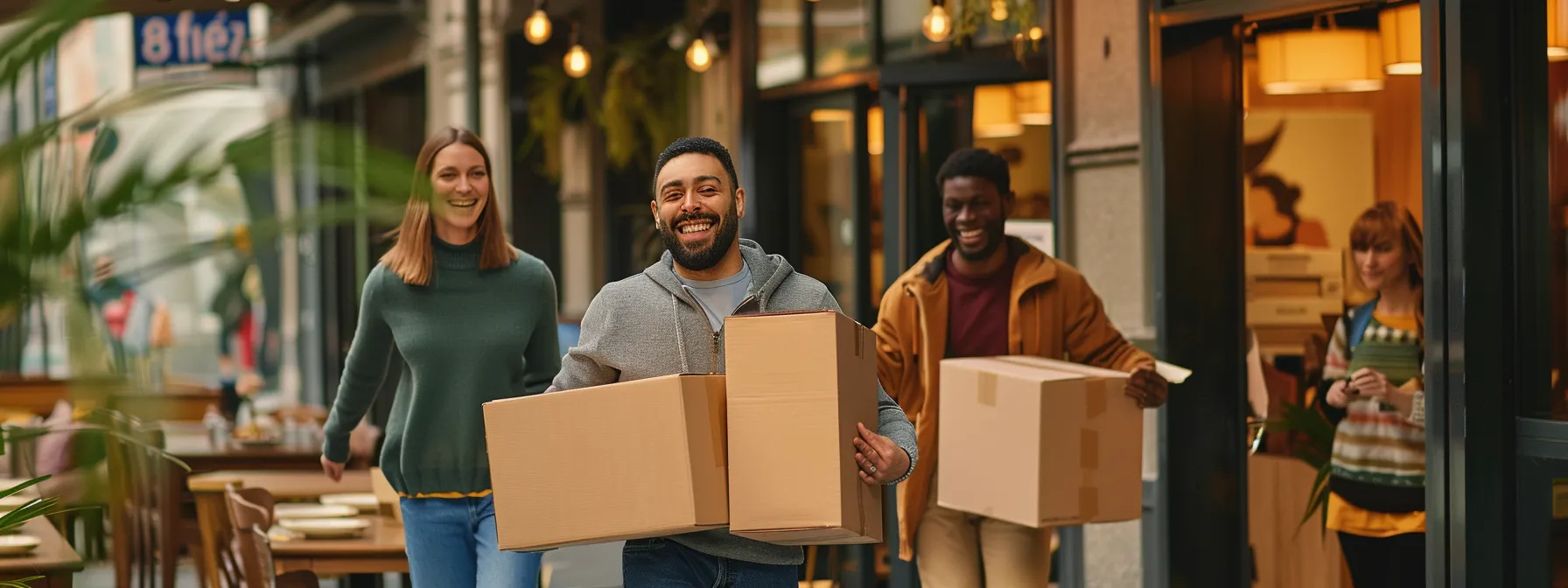 a group of movers carrying boxes into a restaurant, smiling and chatting with the staff.