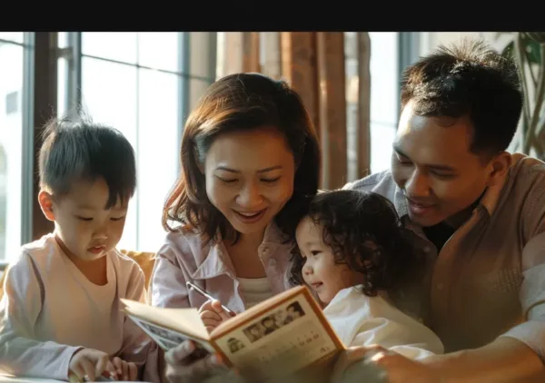 a family looking at a calendar while discussing their move to scottsdale with lifetime moving & storage.