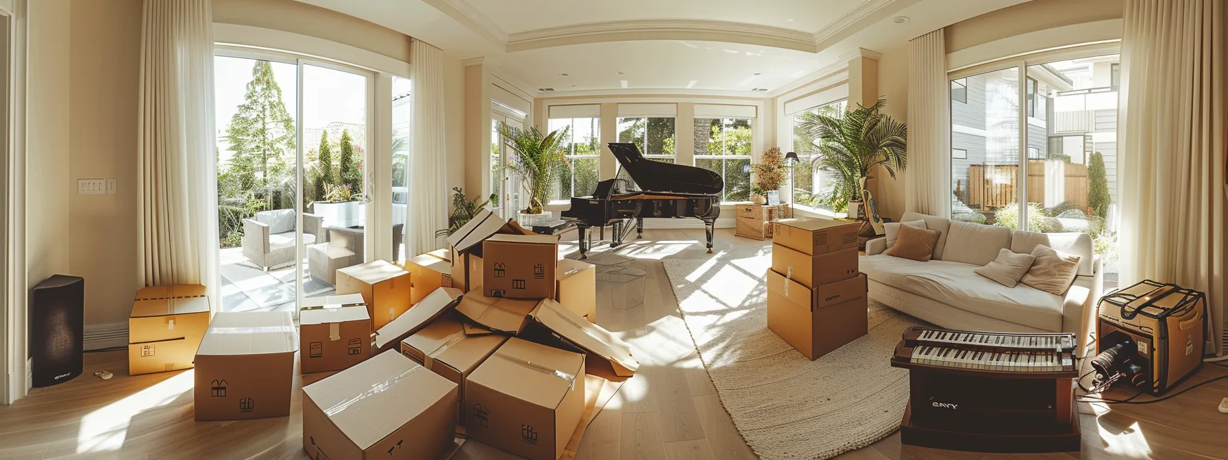 a spacious living room filled with neatly packed boxes, a grand piano being delicately wrapped for transport, and a team of movers coordinating a smooth relocation for a satisfied client.