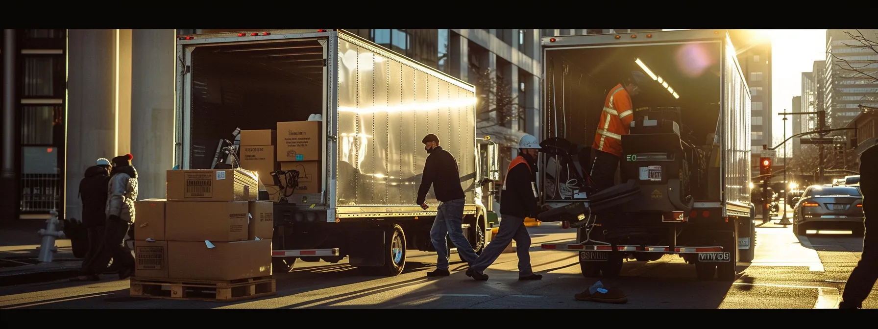 a group of movers carefully loading state-of-the-art equipment into a moving truck, with a focus on precision and efficiency.