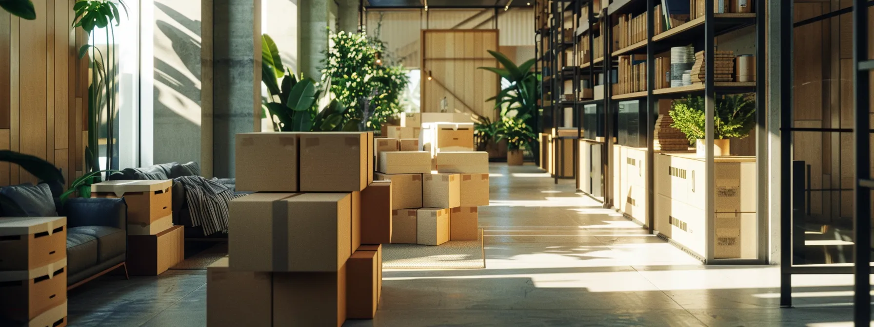 a sleek, modern office space with moving boxes stacked neatly, showcasing the ease of getting a free lifetime moving and storage quote from lifetime moving & storage.